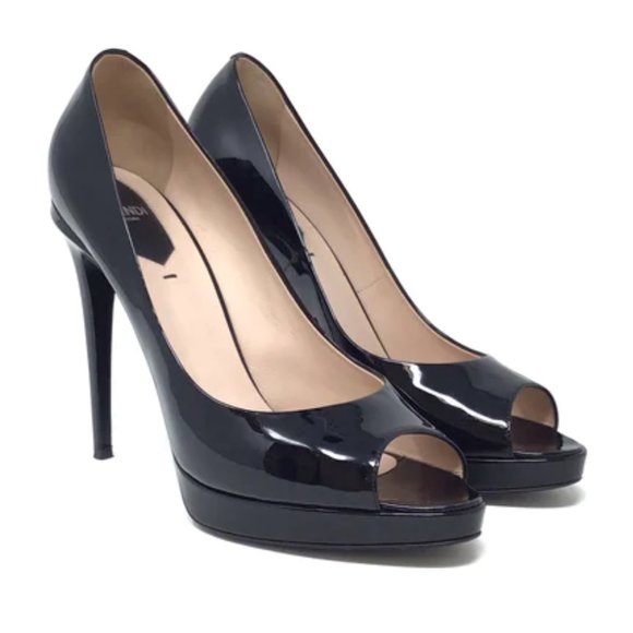 Fendi Black Patent Leather Fendista Platform Peep Toe Pumps Size 37 - Picture 1 of 4